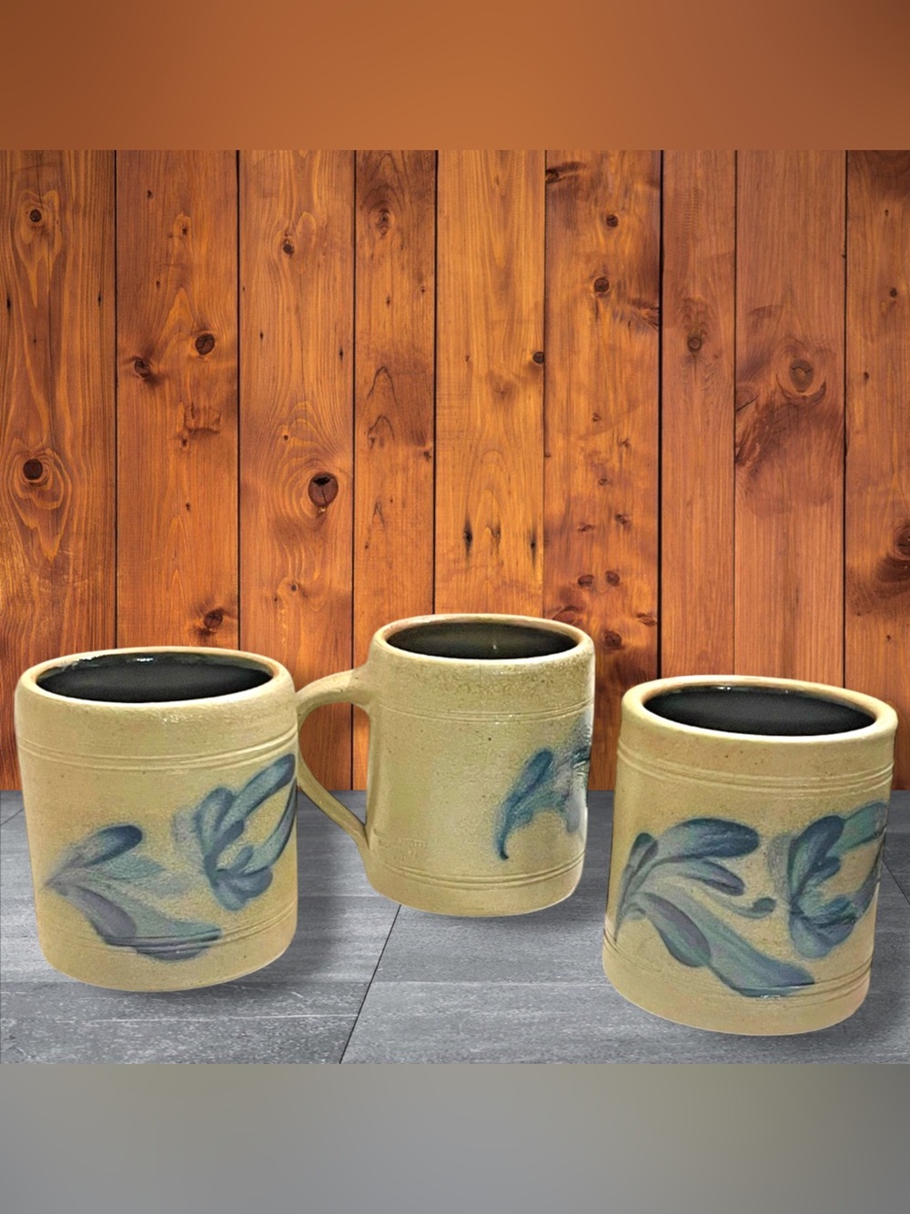 1993 Wisconsin Pottery Salt Glazed Cobalt Blue Stoneware 3 Mugs Cups Signed